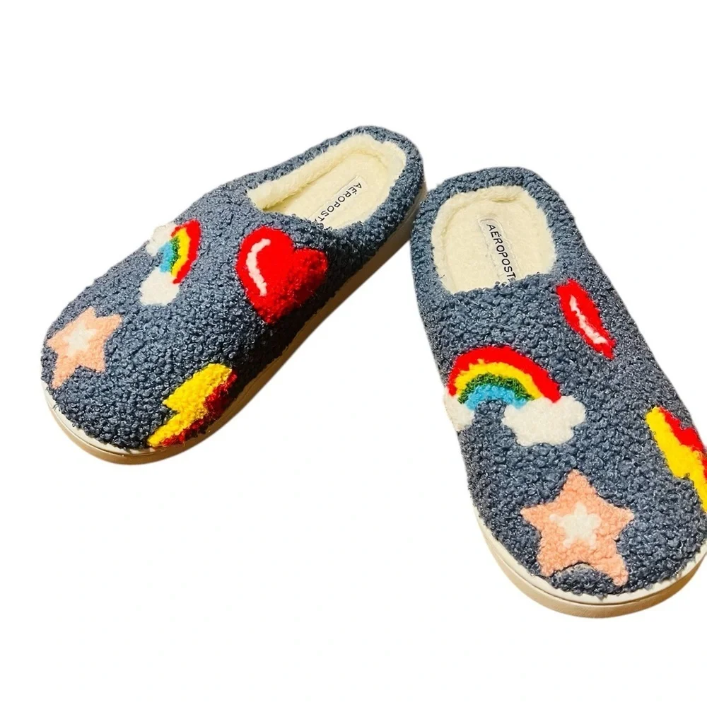 Aeropostale Fuzzy Slippers with Rainbow and Star Design